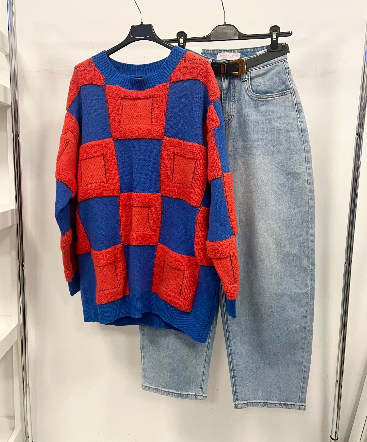 Kék/korallnarancs oversized pulóver