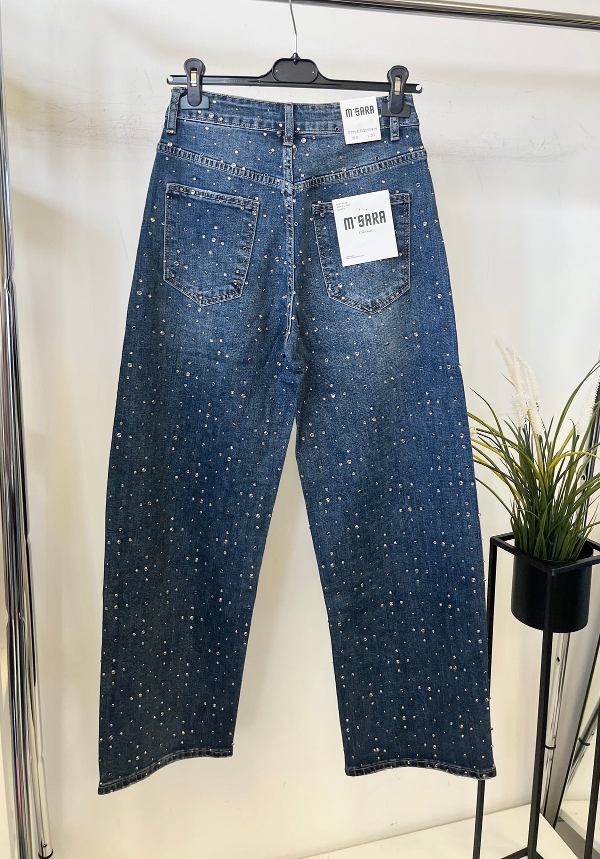 5909 DINA kėk strasszos/szegecses bőszárú farmer