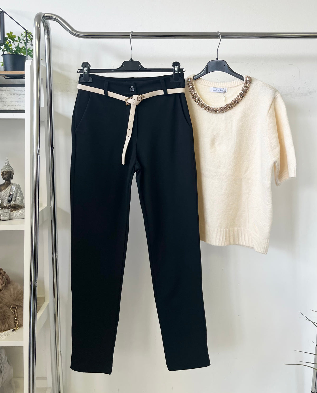 19391 BELLISSIMA pamut hatású öves nadrág