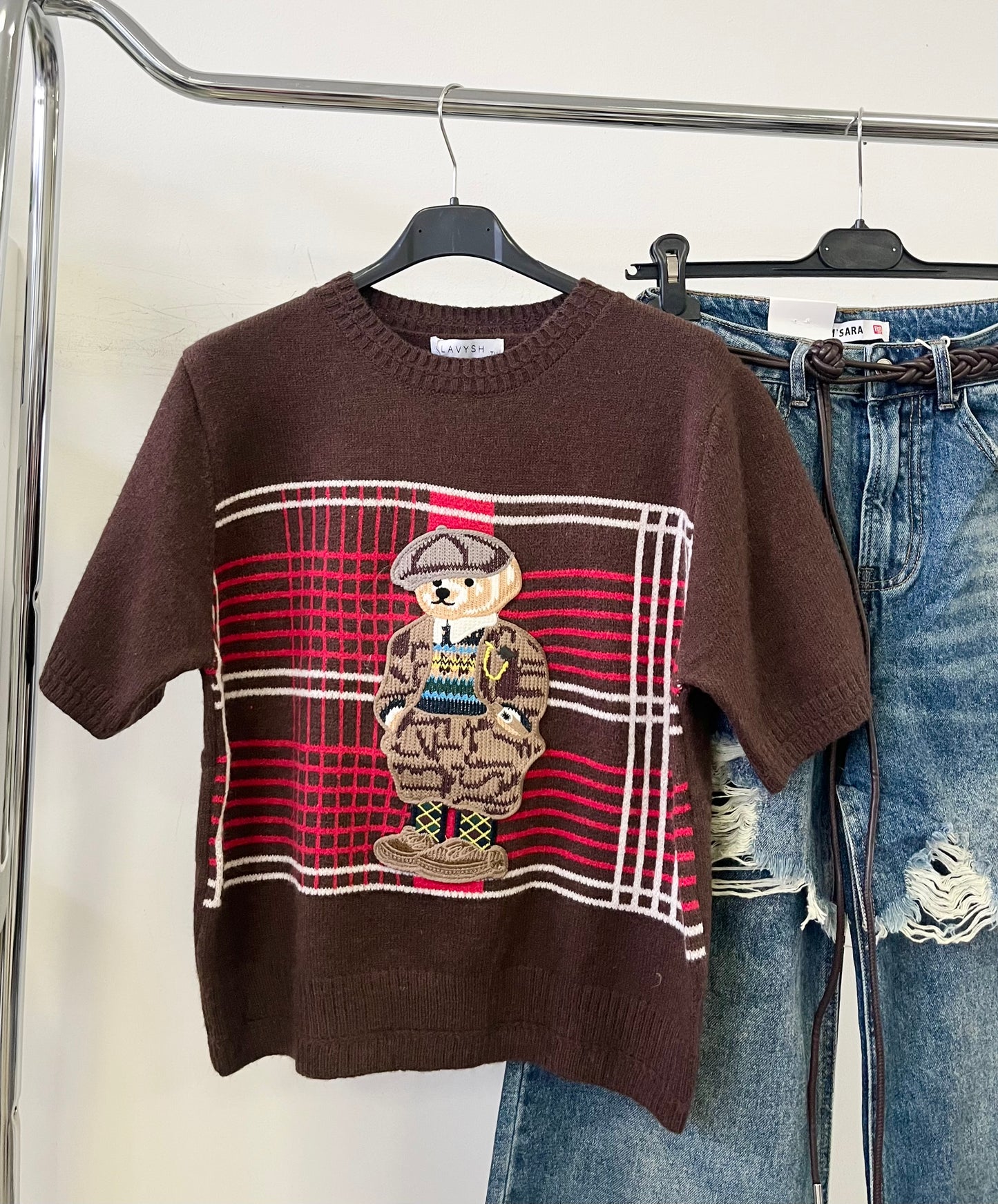 8173 TEDDY maci kockás kötött felső