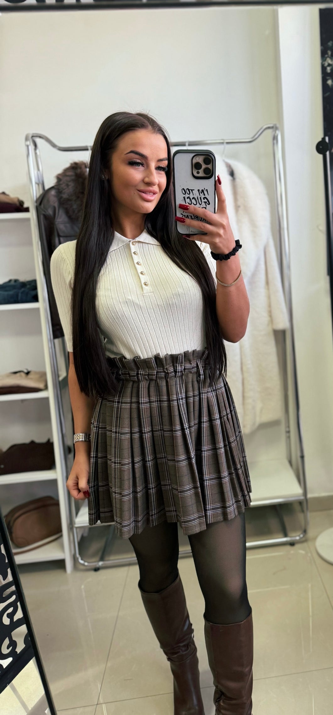 4160 LINETT kockás gumis derekú rakott szoknya