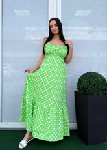 Kép betöltése a galériamegjelenítőbe: 1674 GREEN pöttyös vászon ruha
