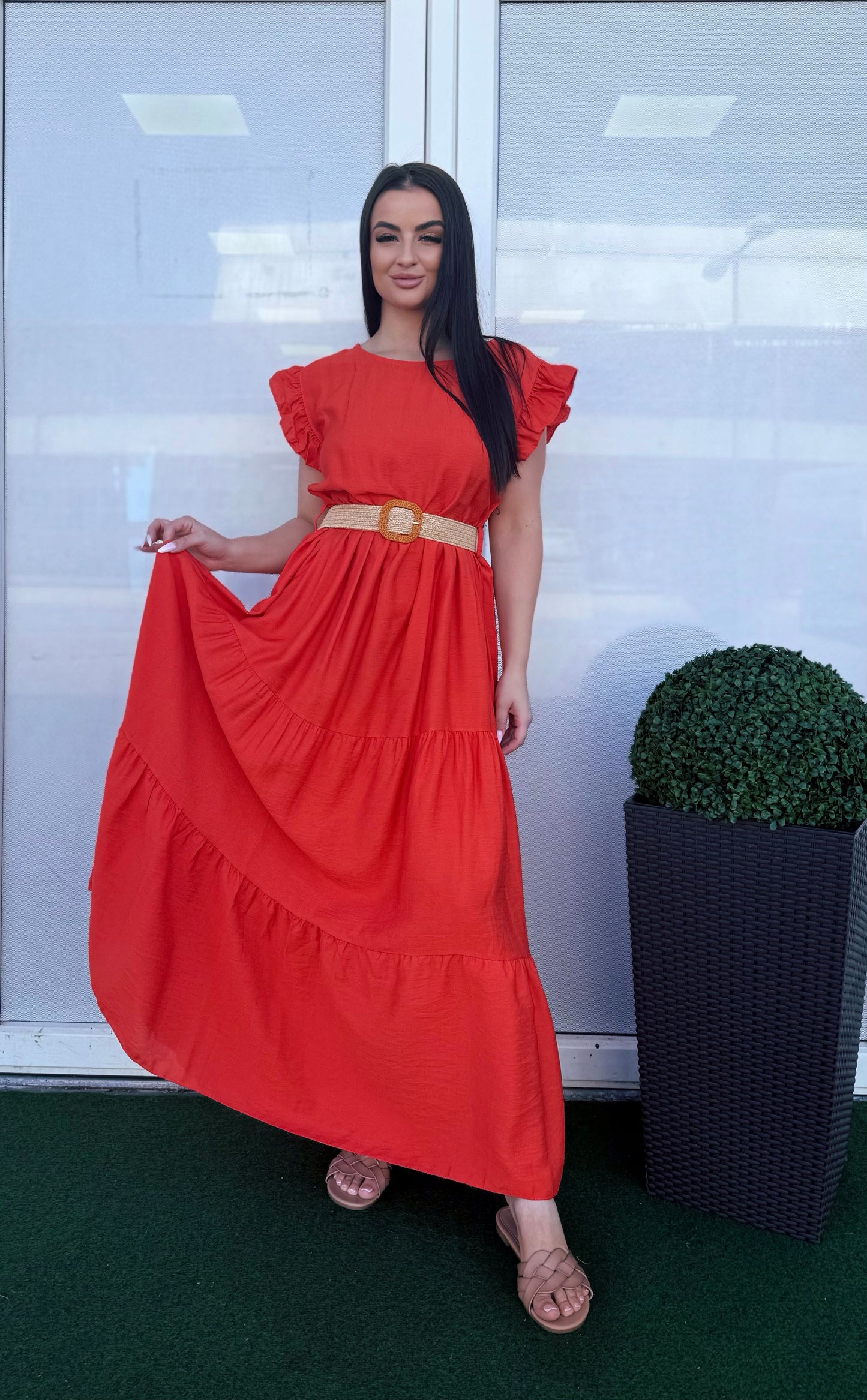24609 MANGÓ fodros vászon maxi ruha övvel