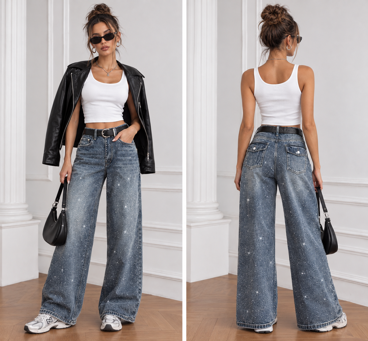 5389 DORIS wide leg strasszos farmer nadrág övvel