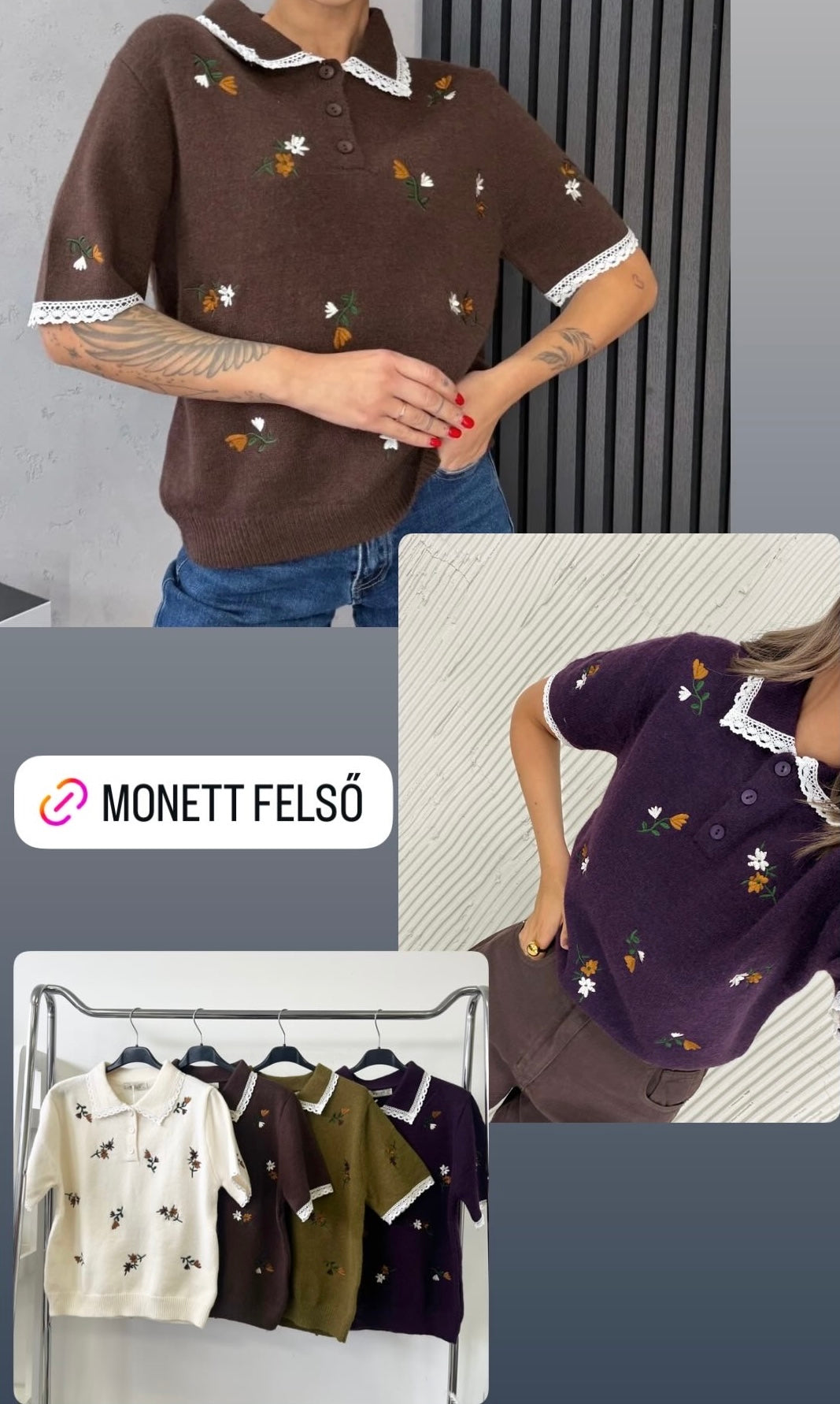 8263 MONETT virág hímzett rövid ujjú pulóver