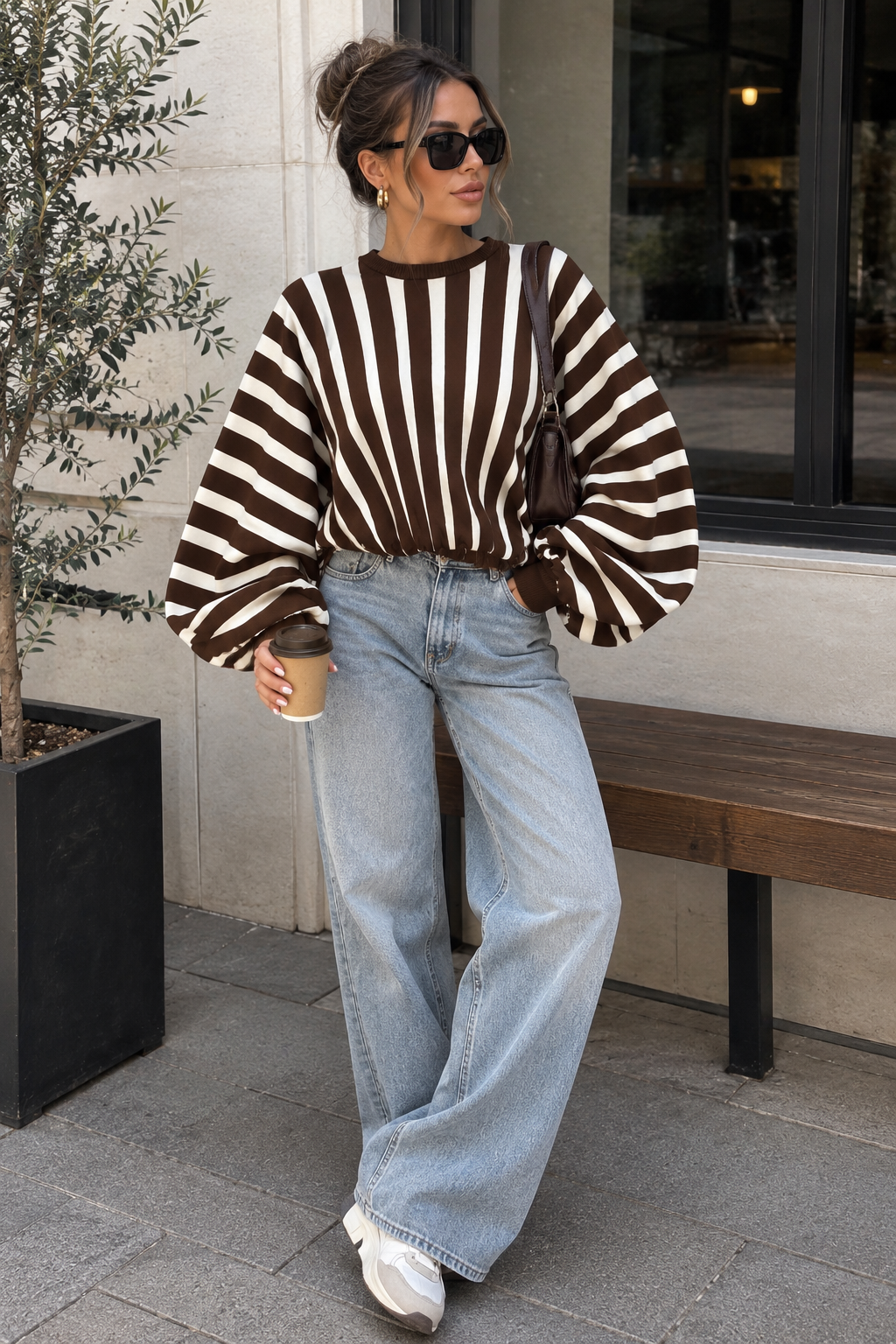 9139 FRIDA csíkos oversized ballon ujjú pulóver