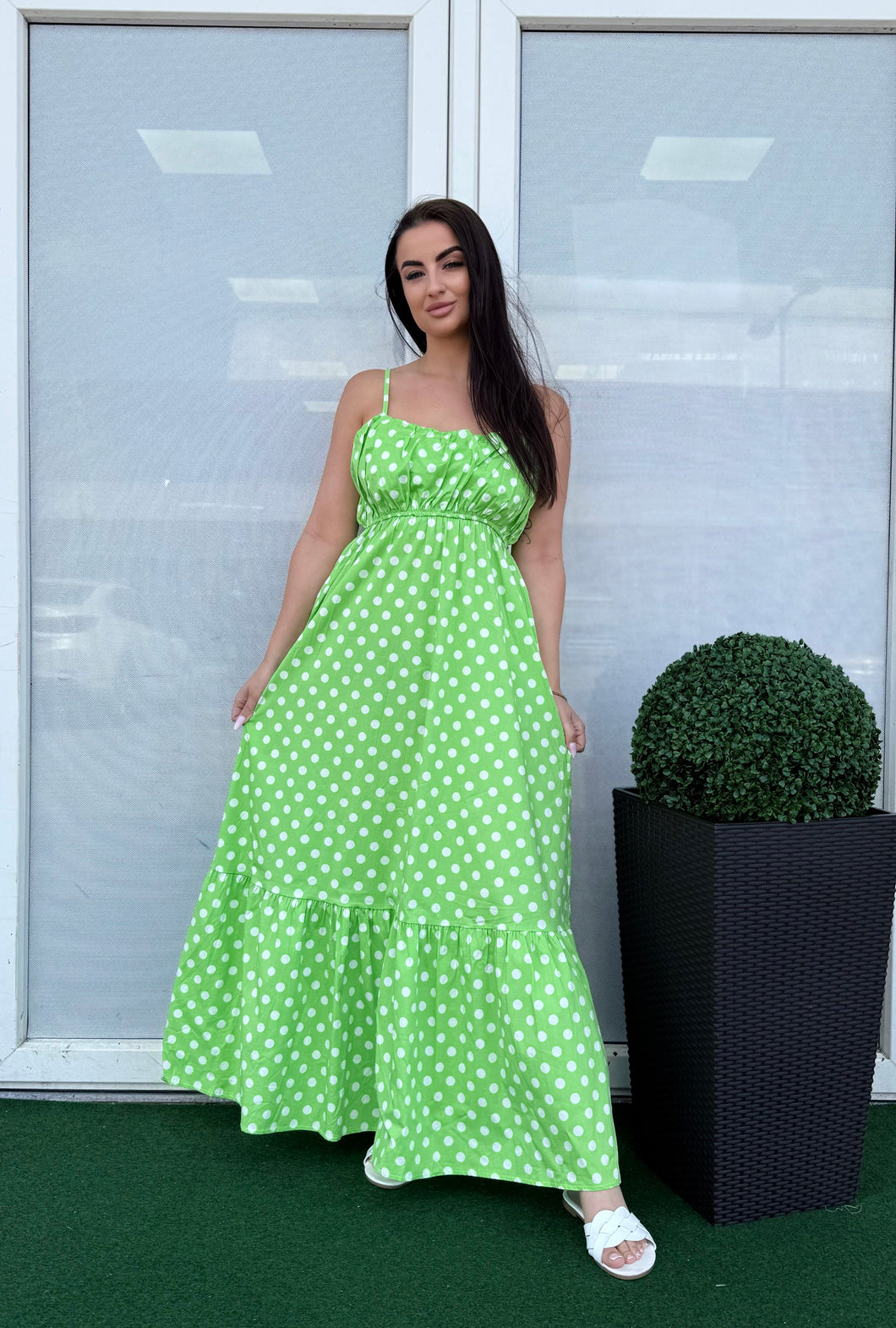 1674 GREEN pöttyös vászon ruha