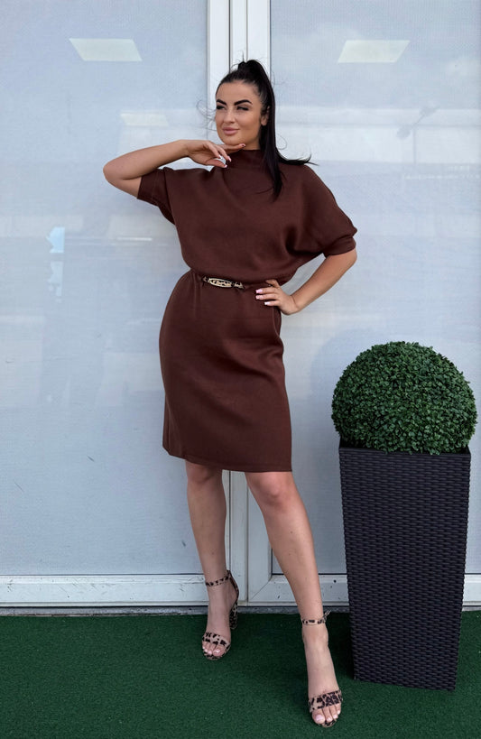 037 NATALIE rövid ujjú kötött ruha, leopárd övvel