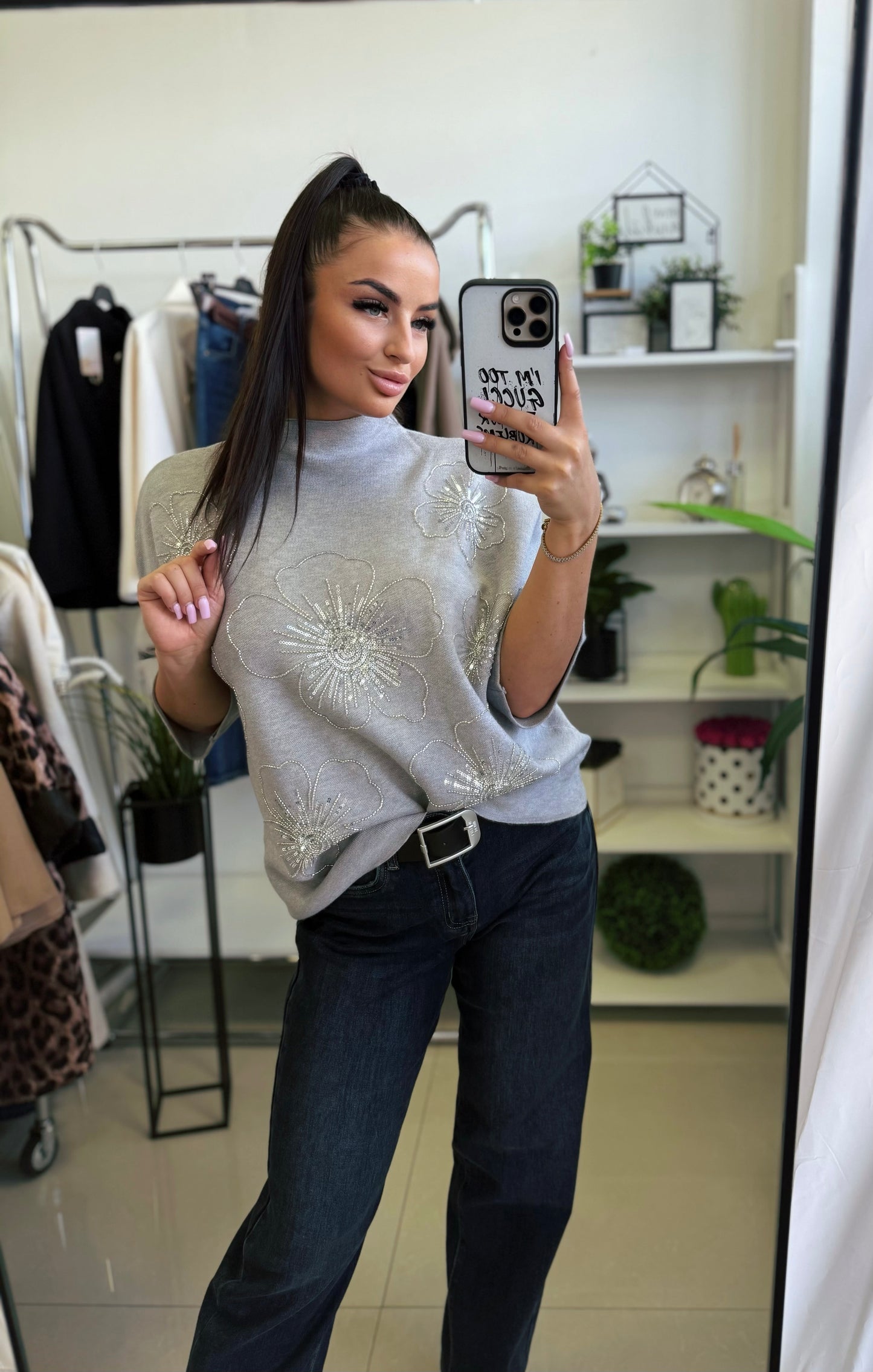 D639 CEMY flitteres rövid ujjú pulóver