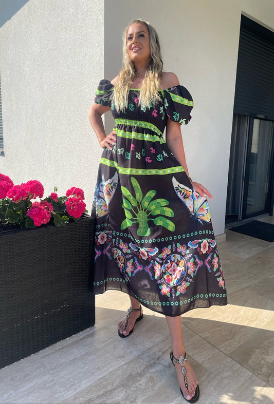 12650-10 BLACK pálma vászon ruha