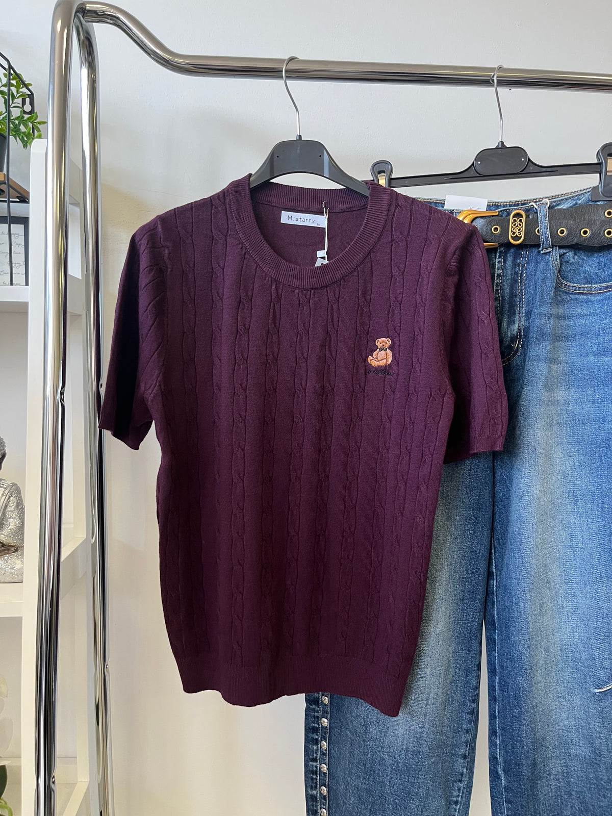5015 LAZY BEAR fonott mintás kötött rövid ujjú felső