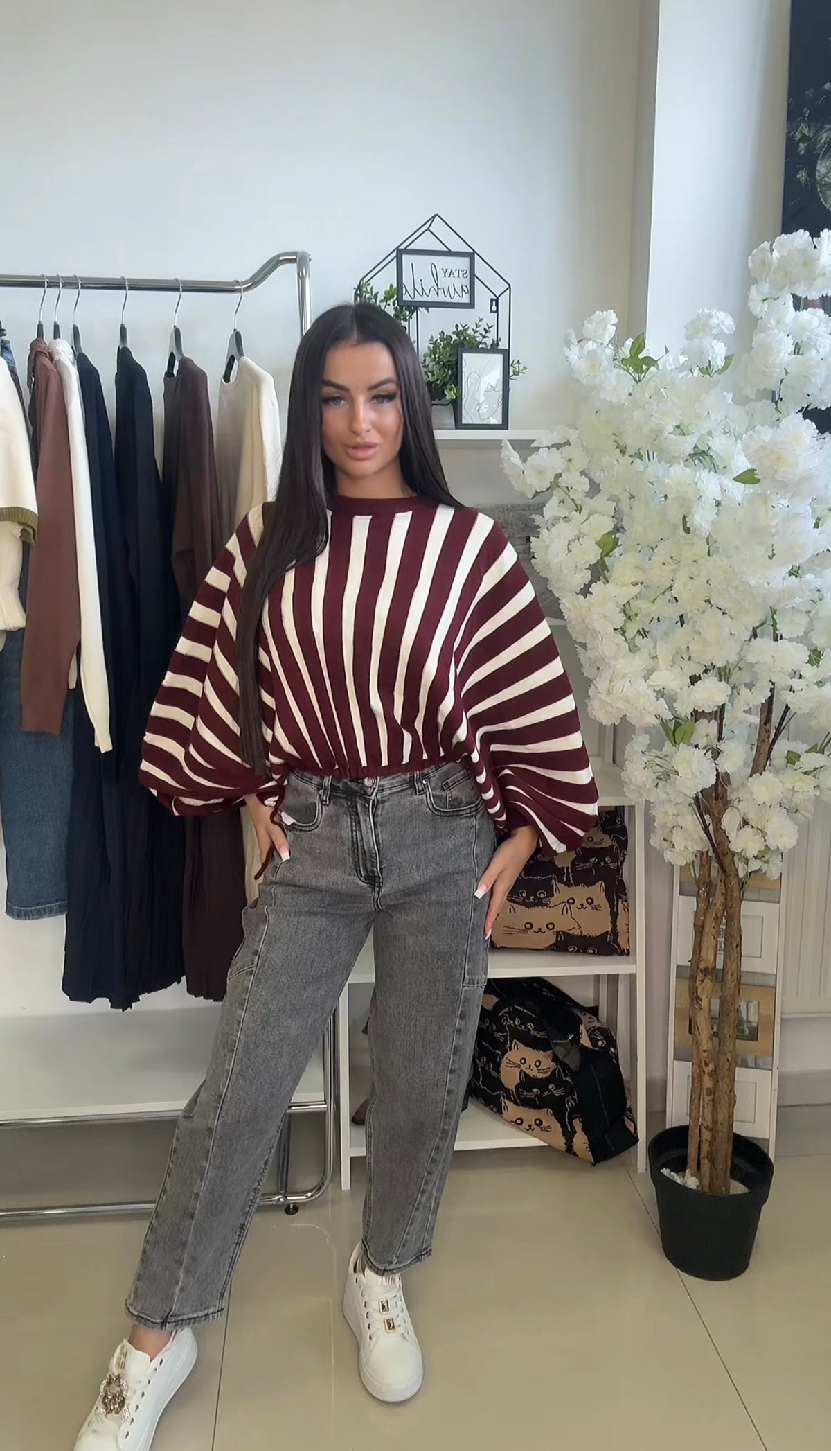 9139 FRIDA csíkos oversized ballon ujjú pulóver