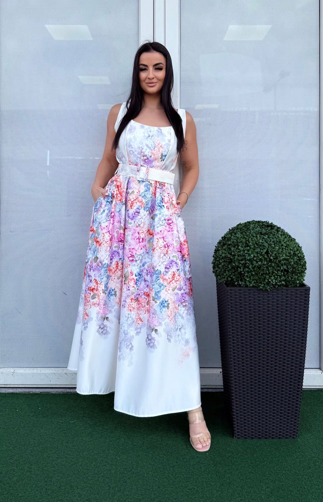 4151 JÁCINT virágos öves hosszú ruha