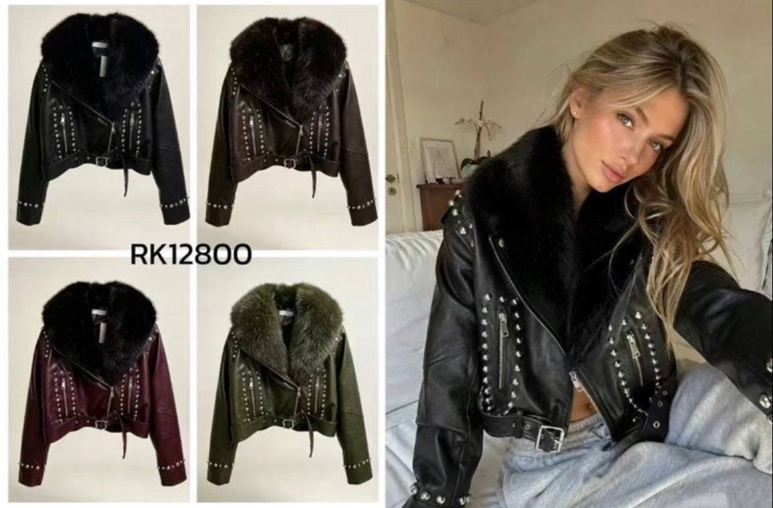 12800 JASMINE szegecses szőrmés műbőr kabát