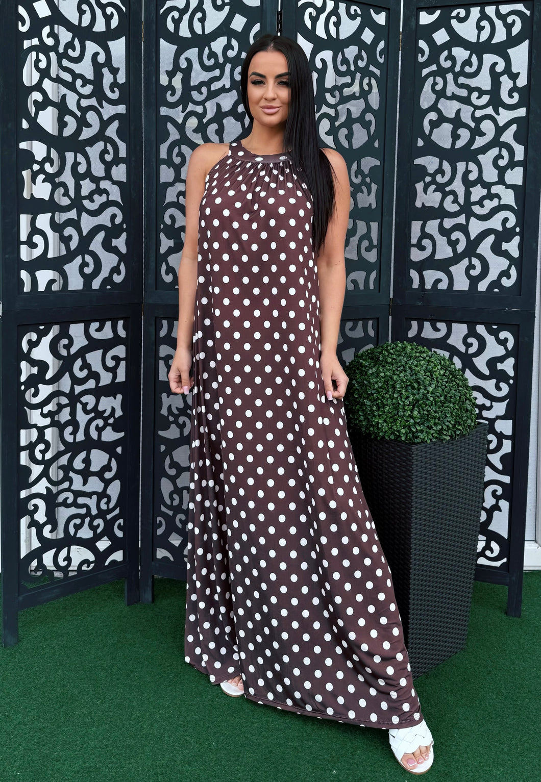 2942 PÖTTYÖS hidegselyem maxi ruha