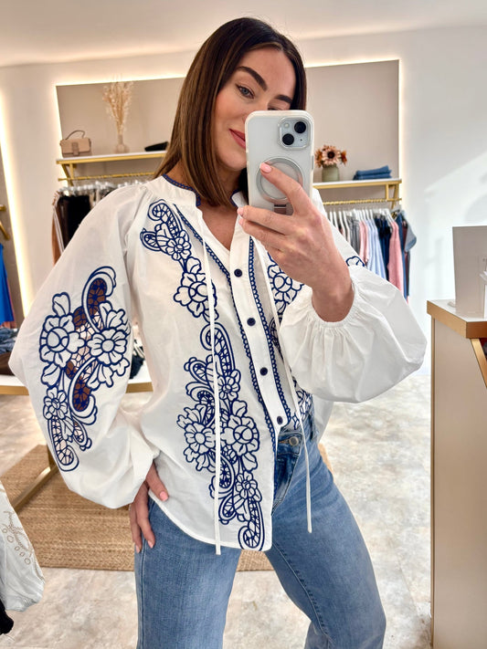 251 BOHO kék hímzett vászon ing