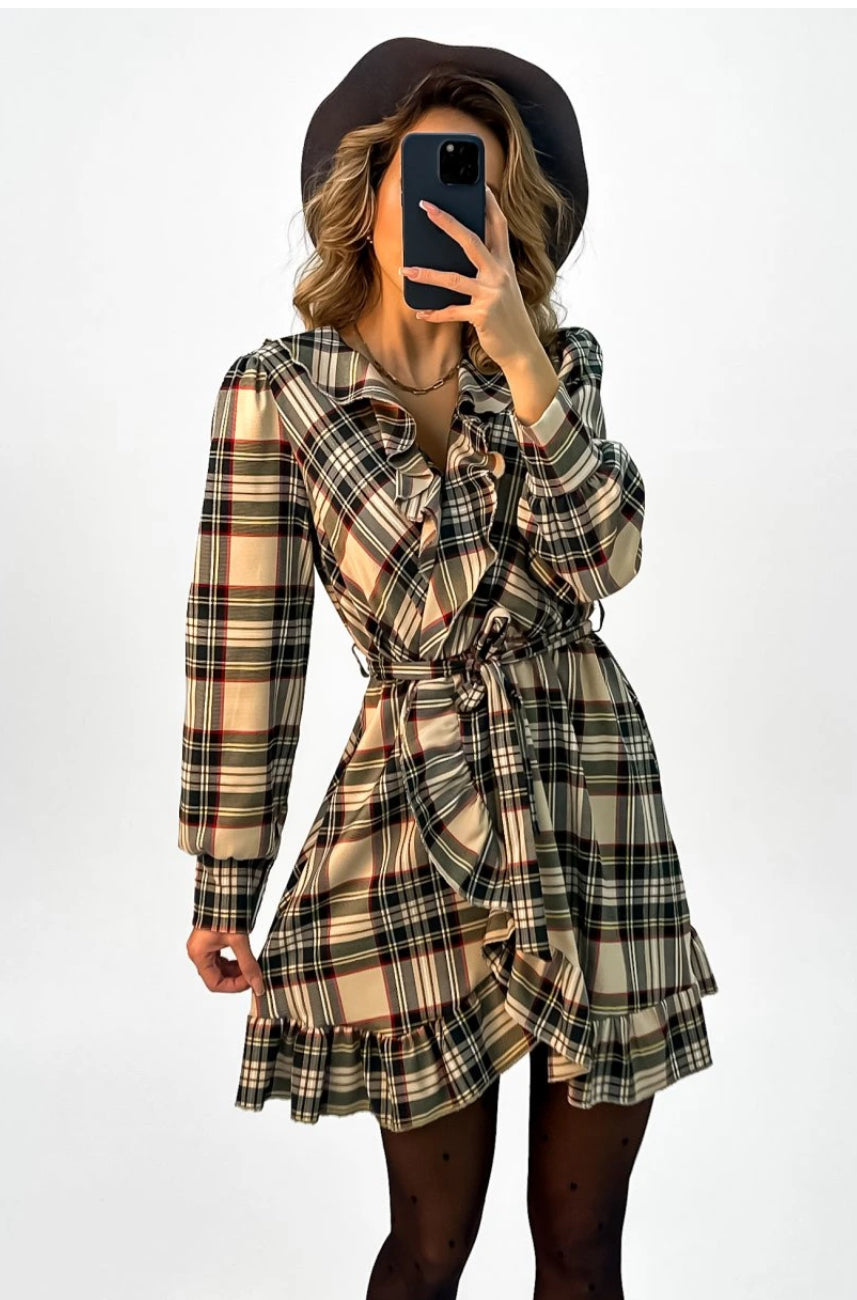 3783 BÉZS kockás fodros ruha