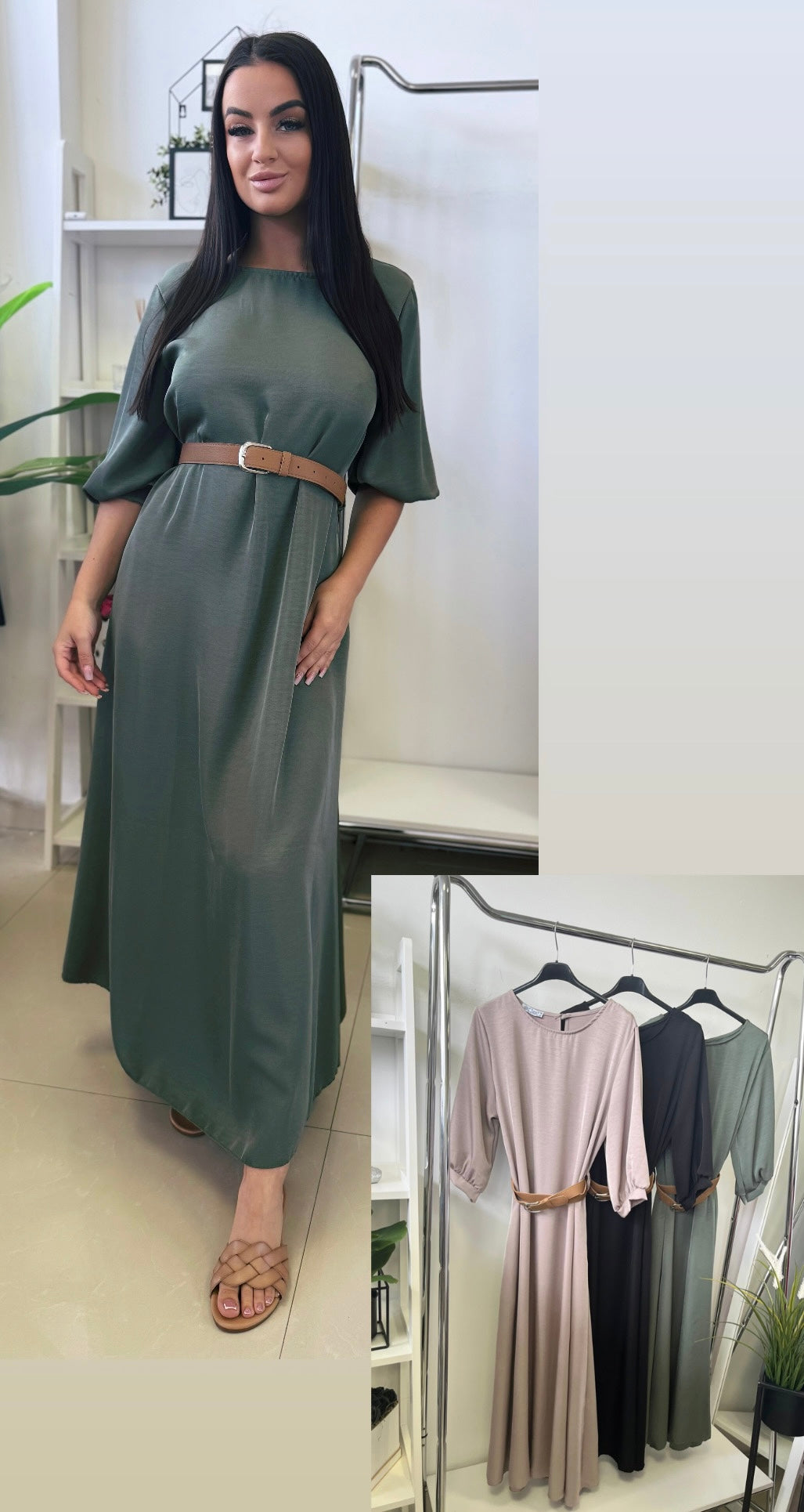 3707 DONNA szaténselyem hatású öves ruha