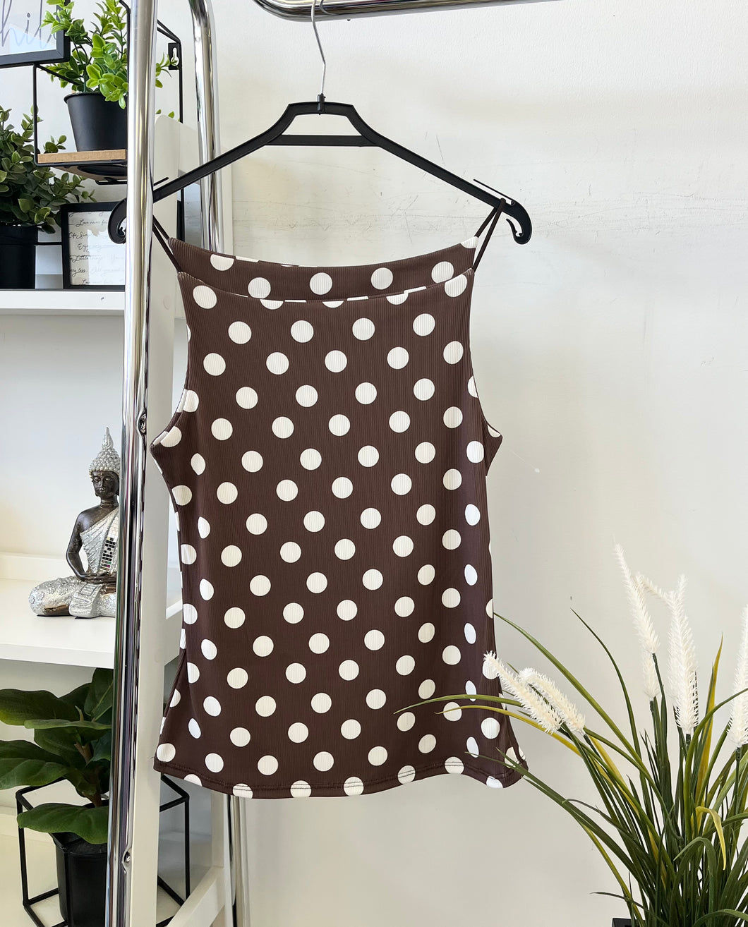 1116 PÖTTYÖS spagetti pántos bordázott top